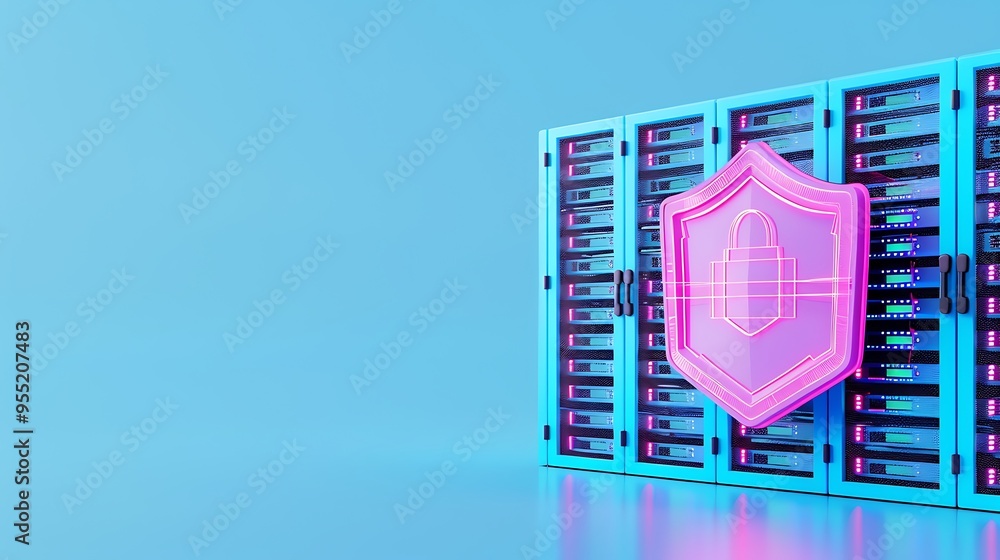 Poster modern server rack with digital cybersecurity shield. data protection concept in a sleek, high-tech 
