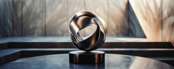 Contemporary metallic sculpture in a modern setting, showcasing abstract art with sleek, polished design and geometric shapes.