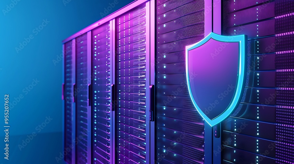 Poster modern server room with illuminated secure shield symbolizing cybersecurity and data protection in a