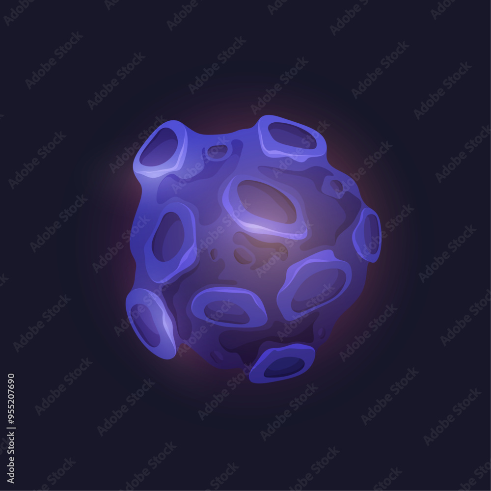 Poster Asteroid or space meteor with crates. Vector isolated planet or celestial body in galaxy. Cosmos adventures and exploration, game elements for cartoon scenery. Galactic object of rounded shape