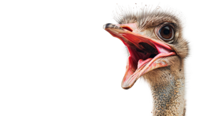 Close-up ostrich's head screaming on transparent
