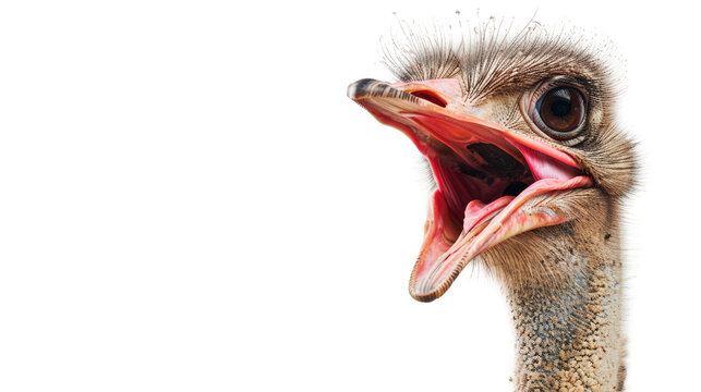 Close-up ostrich's head screaming on transparent