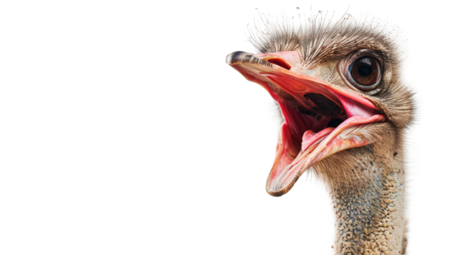 Close-up ostrich's head screaming on transparent