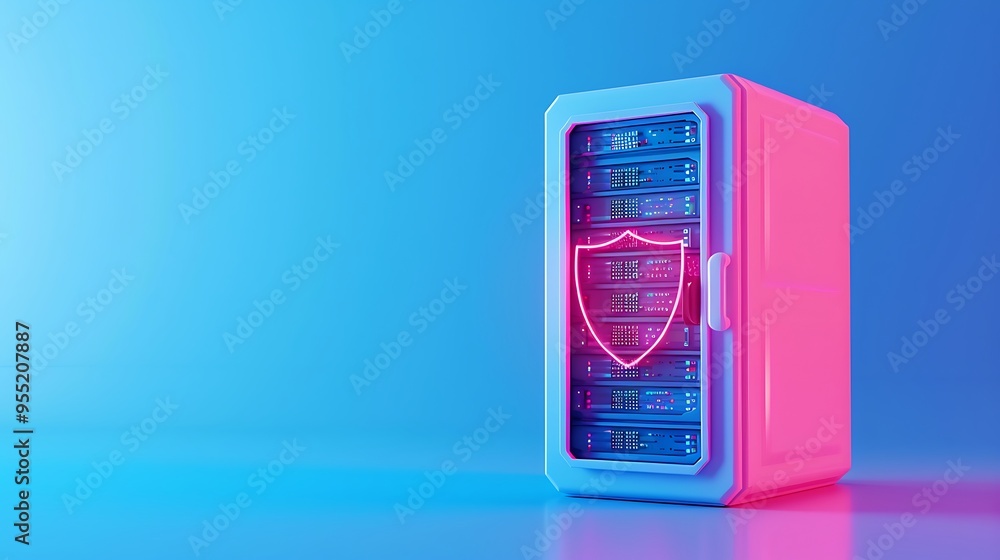Aufkleber modern server with a neon shield icon representing cybersecurity and data protection in a vibrant bl