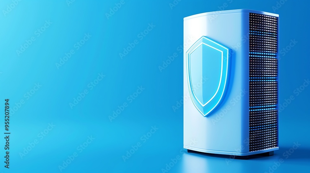 Poster modern server with a shield symbolizing security and data protection on a blue background.