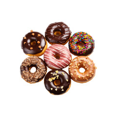 Fototapeta premium a variety of deliciously delicious donuts with a variety of toppings; perfect for food blogs, bakery sites, social media posts, and restaurant menus