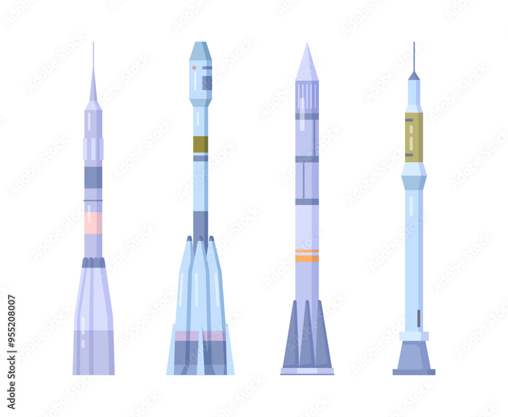 Poster vehicles design to launch spaceships or payloads into cosmos. vector isolated set of spacecrafts roc