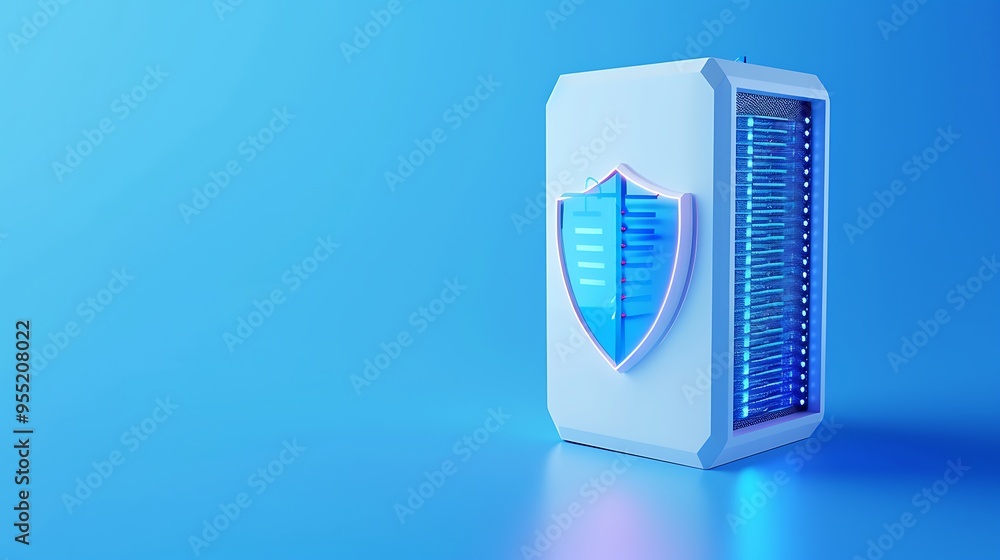 Poster modern server with shield icon on blue background, representing data security and protection in info