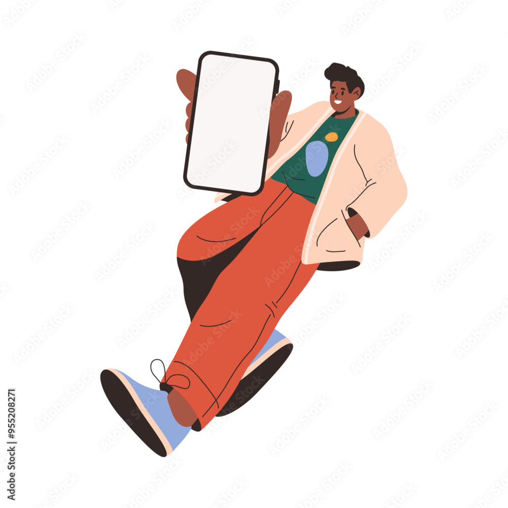 Poster man showing smartphone with empty screen, flat cartoon vector illustration. isolated personage holdi