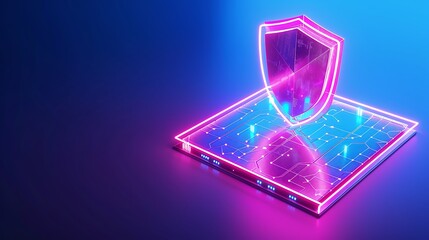 Neon digital shield symbolizes cybersecurity and data protection. Futuristic concept with glowing pink and blue lights on a tech platform.