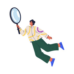 Flying big man with magnifier researching explorer. Vector flat cartoon male analyzing with big magnifier stationery tool. Huge person holding in hands giant loupe, spy and stationery tool
