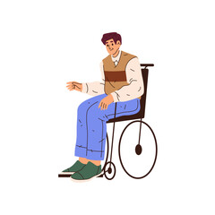 Male personage in wheelchair, isolated worker employee or manager of company. Vector flat cartoon character, isolated disabled man social adaptation for handicapped people. Professional staff