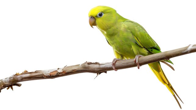 A bright green parrotlet perched on a single branch, isolated on white.