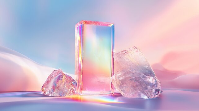 A crystalline podium with light refracting through it, creating rainbow patterns on the surrounding surfaces