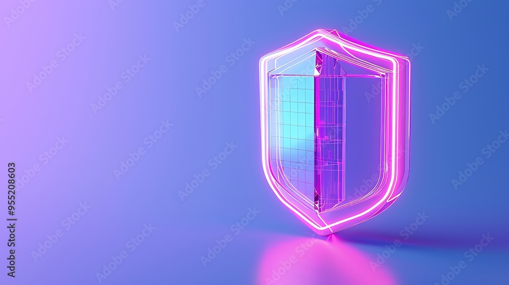 Poster neon glowing shield on a gradient background symbolizing digital security and protection. futuristic