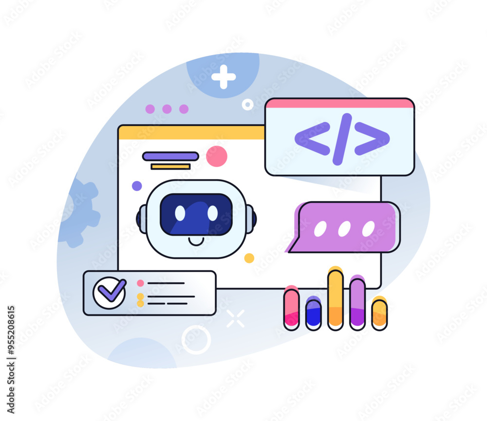 Leinwandbilder Chatbot or robot with artificial intelligence and ability to learn and develop. Vector business needs service, innovations and technological progress. Process of engineering of advanced AI