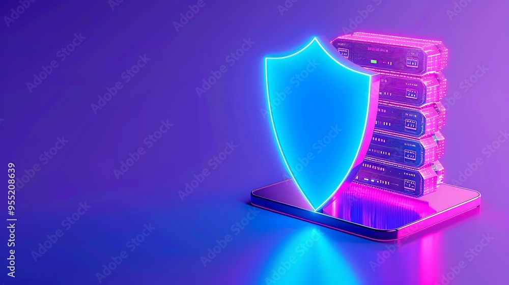 Aufkleber neon glowing shield protecting server stack, representing cybersecurity and data protection in a mod