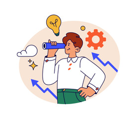 Business startup search for innovative solutions and alternatives for growth and development. Vector flat cartoon character with tube looking in distance, businessman think about future