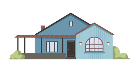 Exterior of rural cottage, real estate for living. Vector isolated house with porch and greenery on lawn. Contemporary residence, classic architecture with roof and large window, housing facade