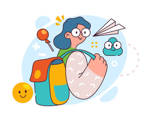 Schoolgirl with backpack going to school. Vector flat cartoon female character with bag heading to classes and lessons to obtain knowledge. Education in college or university