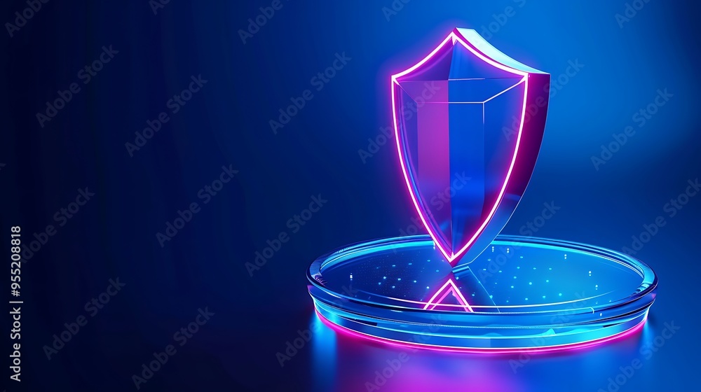 Aufkleber neon glowing shield symbolizing cybersecurity and protection, set against a blue background with hig