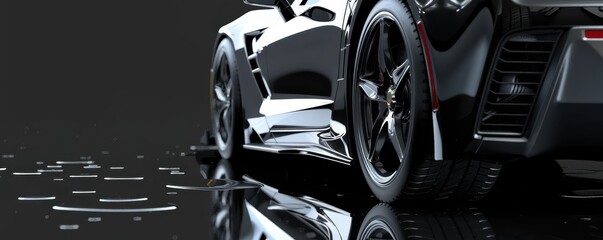 Sleek black sports car with reflections in water puddle showcasing modern design and luxurious appeal in urban setting.
