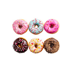 a variety of deliciously delicious donuts with a variety of toppings; perfect for food blogs, bakery sites, social media posts, and restaurant menus