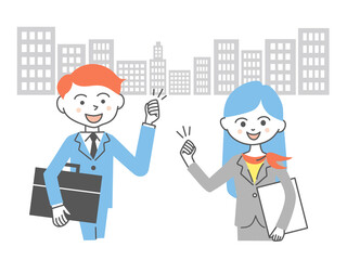 イラスト素材：ビジネス街でイキイキとガッツポーズをするビジネスウーマン