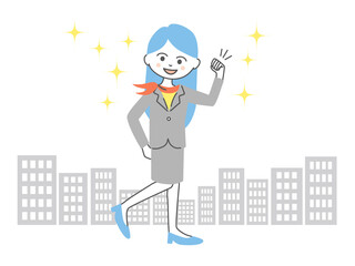 イラスト素材：ビジネス街でイキイキとガッツポーズをするビジネスウーマン