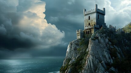 Majestic medieval castle atop a rugged cliff overlooking the turbulent ocean