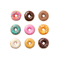 a variety of deliciously delicious donuts with a variety of toppings; perfect for food blogs, bakery sites, social media posts, and restaurant menus
