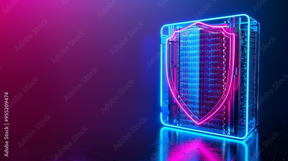 Poster neon shield and server illustration representing cybersecurity and data protection in a modern digit