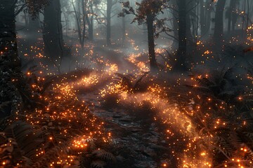 Obraz premium Light Trails in a Forest Glowing trails weaving through a dark