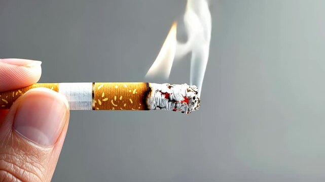 A hand holds a lit cigarette with smoke curling upwards in a minimal background setting