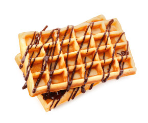 Delicious Belgian waffles with melted chocolate isolated on white, top view