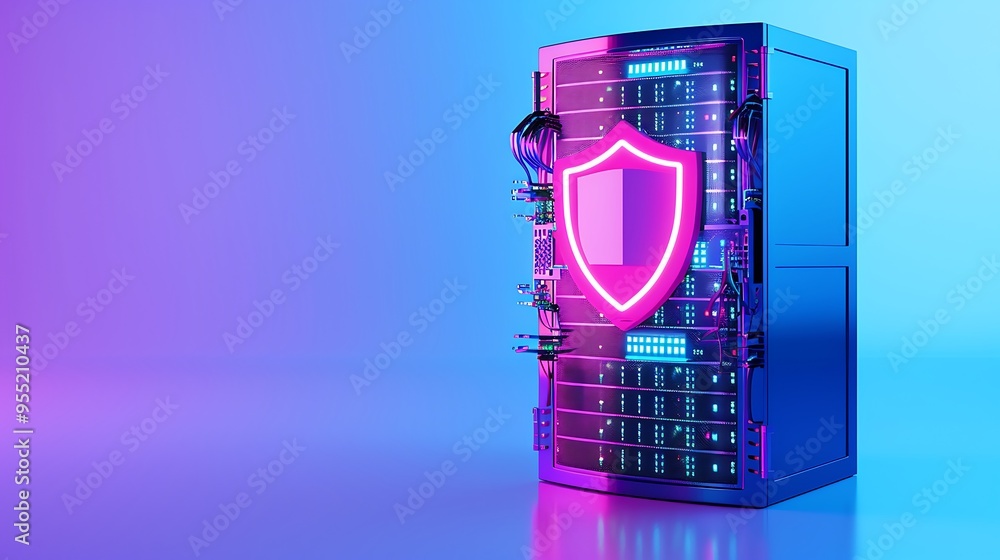 Poster neon shield icon on server rack in data center, symbolizing data security and protection in cyber in
