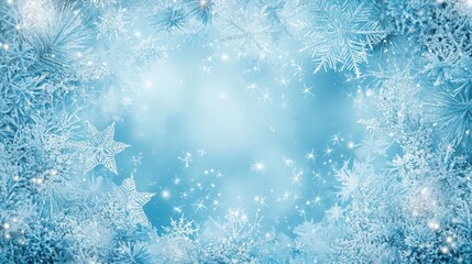 Pastel blue Christmas background with delicate snowflakes and a large area for personalized greetings