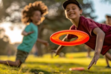 Children playing with a flying disc in a sunlit park, capturing joy and movement in a vibrant outdoor setting