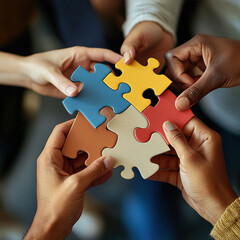Hands of people or co-workers are handling puzzle in the office.