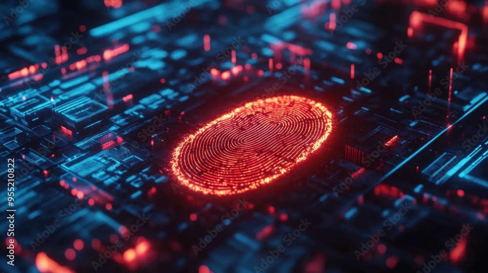 Poster futuristic security system with a glowing fingerprint, representing the protection of personal data 