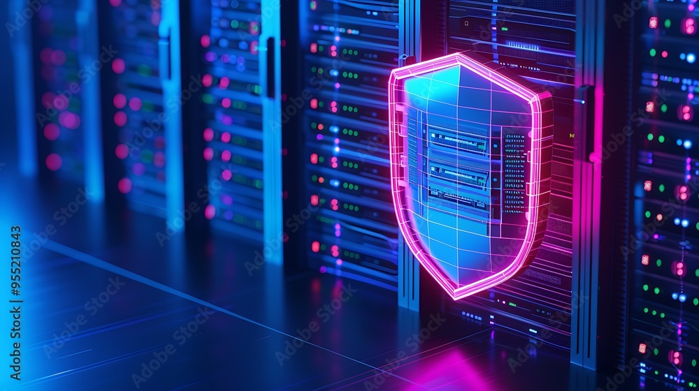 Poster neon shield icon symbolizing cybersecurity in a server room with modern data storage equipment and a