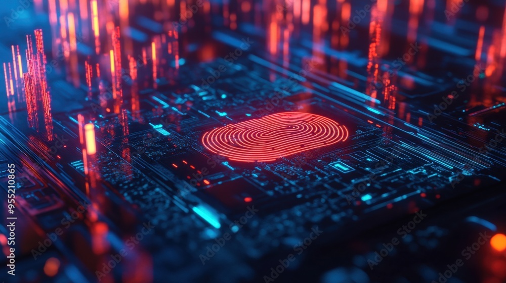 Poster futuristic security system with a glowing fingerprint, representing the protection of personal data 