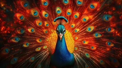 Vibrant portrait of a vibrant-hued peacock, its shimmering, iridescent feathers captivating the viewer's gaze