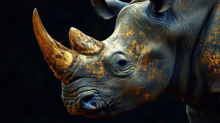 Obraz premium Striking close-up of a mighty rhinoceros, its horn and weathered skin conveying a sense of ancient, unyielding strength