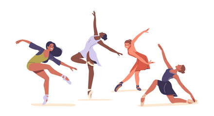 Diverse Female Ballerinas Characters Gracefully Dancing In Various Elegant Poses, Displaying Artistry And Elegance