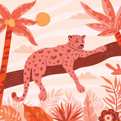 Illustration of leopard lying on branch with palms and plants