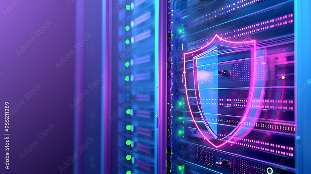 Poster neon shield on a server rack represents cybersecurity and data protection in a modern data center. v