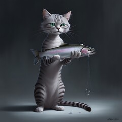 A cat catching a fish on his hand eating