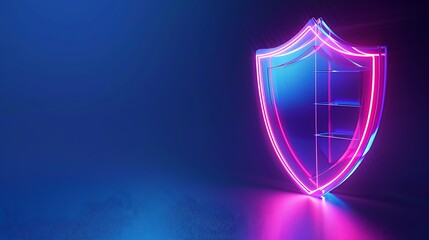 Neon shield on dark blue background, symbolizing digital security and protection in a futuristic, glowing design.
