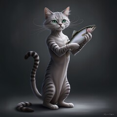 A cat catching a fish on his hand eating